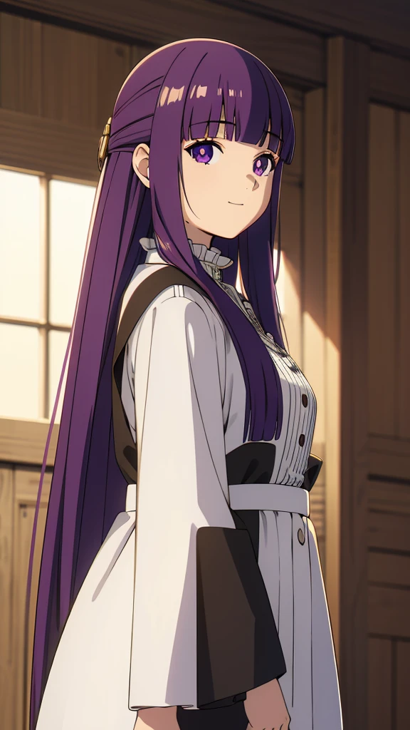 è²ä¼¦,1girl,solo,purple hair,long hair,purple eyes,blunt bangs,sidelocks,half updo,bright pupils, hair ornament,frilled collar,black robe,white dress,center frills,buttons,wide sleeves,long sleeves,curvy,cowboy shot,brown coat,from side,smile,, Exquisite visuals, high-definition,masterpiece,best quality,, 20yo,Young female,Beautiful Finger,Beautiful long legs,Beautiful body,Beautiful Nose,Beautiful character design, perfect eyes, perfect face,expressive eyes, looking at viewer, official art,extremely detailed CG unity 8k wallpaper, perfect lighting,Colorful, Bright_Front_face_Lighting,shiny skin, (masterpiece:1.0),(best_quality:1.0), ultra high res,4K,ultra-detailed, photography, 8K, HDR, highres, absurdres:1.2, Kodak portra 400, film grain, blurry background, bokeh:1.2, lens flare, (vibrant_color:1.2), (beautiful_face:1.5),(narrow_waist), 