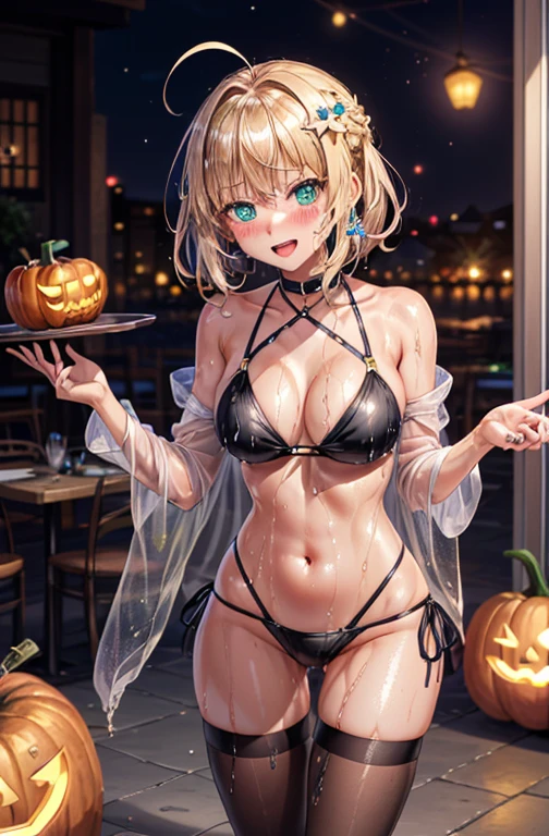 woman,, ((Tavern)), ((restaurant)), ((indoor)), (((Black Bikini, Wet Bikini, See-through bikini, Thigh focus))),Open mouth smiling, ((There are two stray hairs coming out of my head.)), ((hair ornaments)), ((Baby girl bo, One girl, Artoria Pendragon,destiny,aphrodisiac,Lie,Things to know, Areol, defenseless,Embarrassing,Be embarrassed,Knead the milk,Milk is important,Len,Breast milk, Knight King,Noble,ring,既婚woman, Pointing straight up, (Highest quality:1.1), (masterpiece:1.4), (Absurd:1.0), Portrait, Close-up, One girl、Momoberia Deviluke、hair ornaments、Beautiful bob cut、Beautiful Short Hair、Emerald blue eyeid-chest、Watching the audience、(blush:1.2)、Embarrassed look、Mesh pantyhose、Black background、((Pumpkin lantern)), Striped pattern, ((Has a troubled look)), ((There are Western-style sweets everywhere.)), ((Cute gestures))