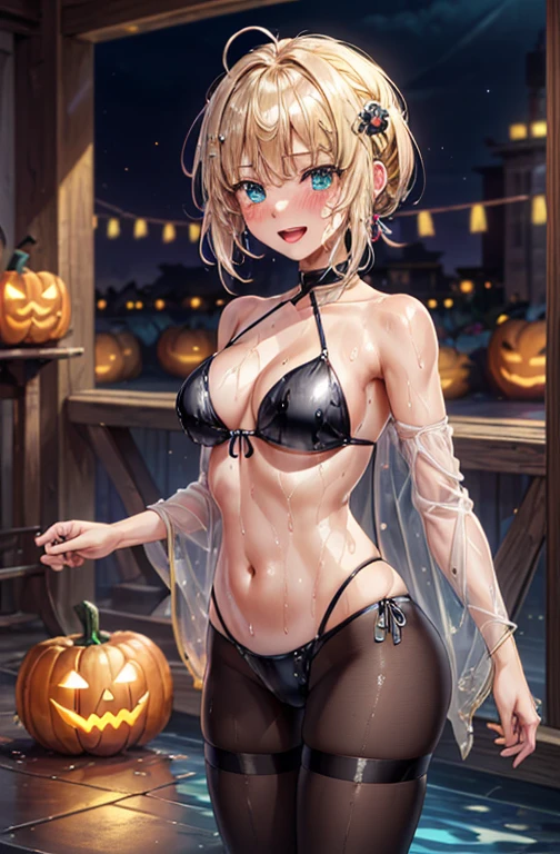 woman,, ((Tavern)), ((restaurant)), ((indoor)), (((Black Bikini, Wet Bikini, See-through bikini, Thigh focus))),Open mouth smiling, ((There are two stray hairs coming out of my head.)), ((hair ornaments)), ((Baby girl body type)), One girl, Artoria Pendragon,destiny,aphrodisiac,Lie,Things to know, Areol, defenseless,Embarrassing,Be embarrassed,Knead the milk,Milk is important,Len,Breast milk, Knight King,Noble,ring,既婚woman, Pointing straight up, (Highest quality:1.1), (masterpiece:1.4), (Absurd:1.0), Portrait, Close-up, One girl、Momoberia Deviluke、hair ornaments、Beautiful bob cut、Beautiful Short Hair、Emerald blue eyeid-chest、Watching the audience、(blush:1.2)、Embarrassed look、Mesh pantyhose、Black background、((Pumpkin lantern)), Striped pattern, ((Has a troubled look)), ((There are Western-style sweets everywhere.)), ((Cute gestures))