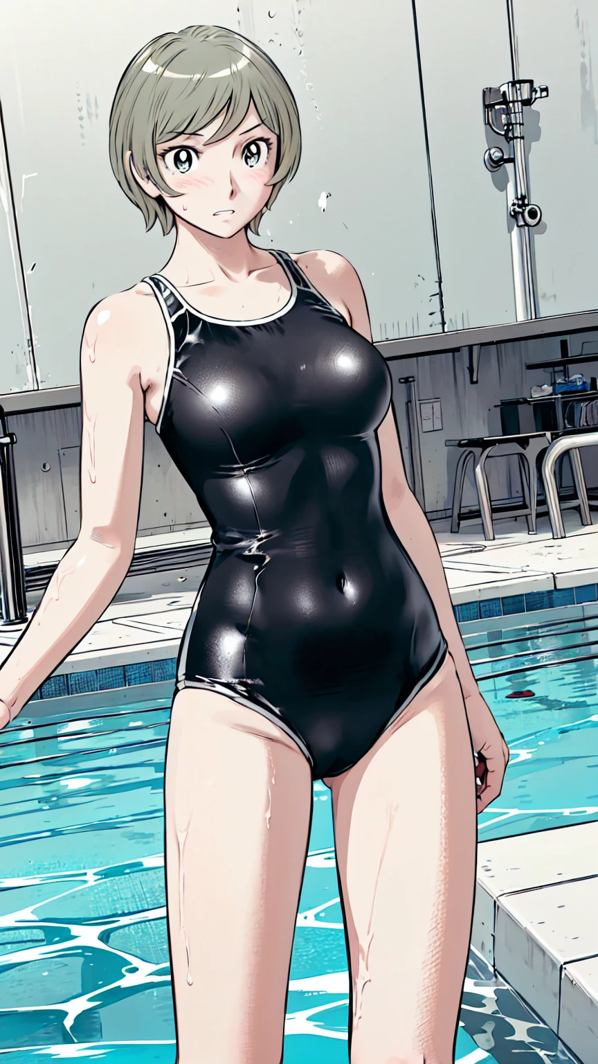 Blonde, (short hair:1.2)、((Illustration of a person))、Big Breasts、
View your viewers,, (Highest quality:1.3),Blue Eye Star Piece、Highest quality)、Highest quality, Ultra-high resolution, (((masterpiece))), alone, Sweat、Big eyes、Big Breasts、One Girl, Front view、Embarrassed face、Bronze colored hair、((short hair))、One Girl, alone, blush, Big Breasts,
Bare arms, Wet, Pool, 青いSchool Swimsuit, Thighs, Place your arms at your sides, Bare arms, Cowboy Shot, Are standing, School Swimsuit,bite、High Leg、mansuji