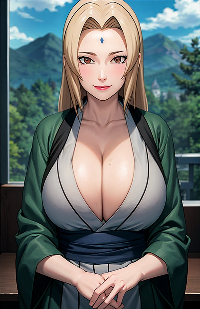 (huge tits), cleavage, good anatomy, masterpiece, best quality, 4k, 8k, professional photography, soft light, sharp focus, 1 girl, blonde hair, kimono, (mountain), clouds, blonde hair, parted banks, detailed face+brown eyes, smile, closed lips, lipstick, bookshelves,
