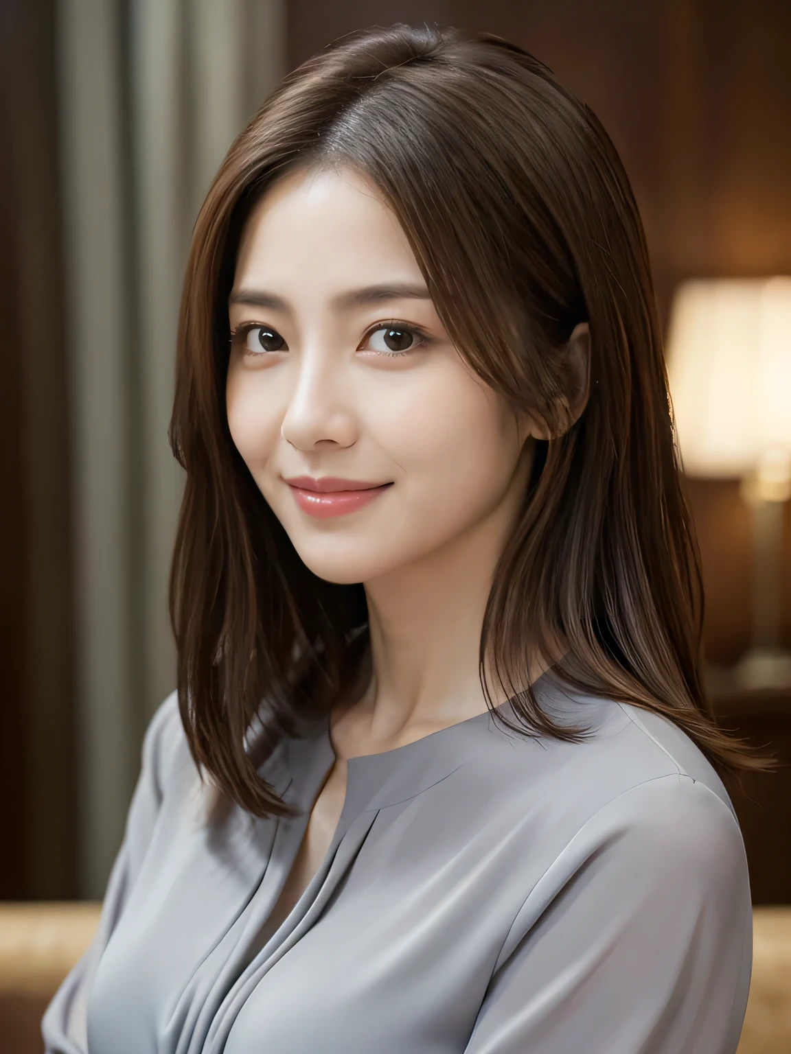 (Raw Photo), (Photorealsitic), (Masterpiece), (Best Quality), High Resolution, 8K, (Intricate Details), (Voluminous Light), Portrait, Female, 50 Years Old, Medium Hair, Straight Hair , layered hair, brown hair, very fine eyes, source order, very fine eyebrows, very fine skin, very fine mouth, very fine nose, cute like an idol, happy smile, (thick lips), (looking at the viewer), (elegant gray blouse), waist shot,