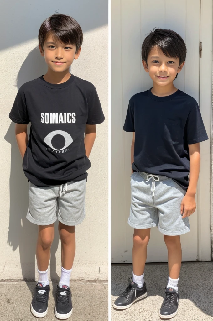 A tanned 12-year-old Japanese boy posing for a full-body photoshoot in shorts during summer vacation