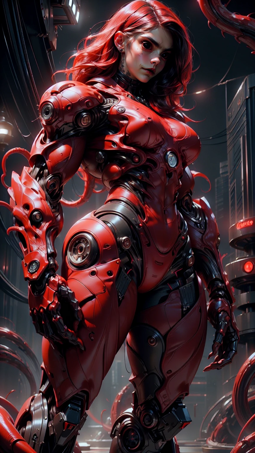 (beautiful girl:1.25), (megan fox:1.25), (young bodybuilder girl wearing cybernetic muscle suit:1.25), (tentacles extending from head), carnage muscular physique, seductive face, mouth wide open carnage style, long red hair, perfect muscular body, super skinny legs, sissy, femboy, (carnage style physique)