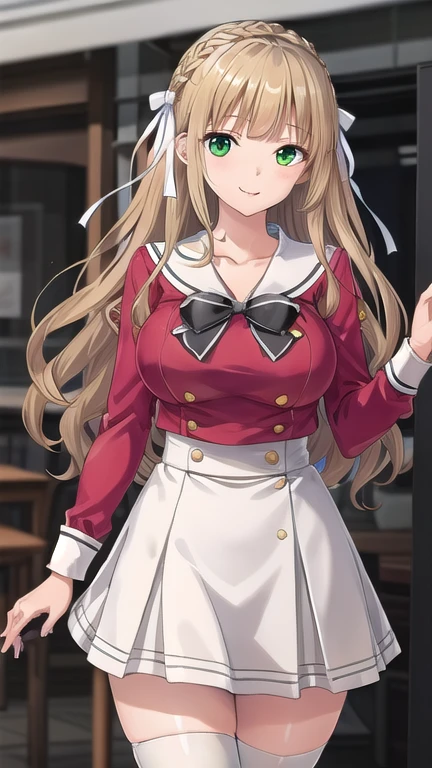 ((masterpiece)),(best quality),official art,extremely delicate and beautiful,extremely detailed CG,unity 8k wallpaper,ultra detailed,beautiful detailed eyes,extremely detailed face,outdoors,1girl,solo,cowboy shot,,looking at viewer,facing viewer,smile,Azuma Suzuna,long hair,brown hair,wavy hair,crown braid,hair ribbon,white ribbon,hair bow,white bow,sidelocks,blunt bangs,green eyes,,collarbone,white sailor collar,black bowtie,red shirt,large breasts,long sleeves,double-breasted,high-waist skirt,grey skirt,pleated skirt,zettai ryouiki,white thighhighs,loafers,