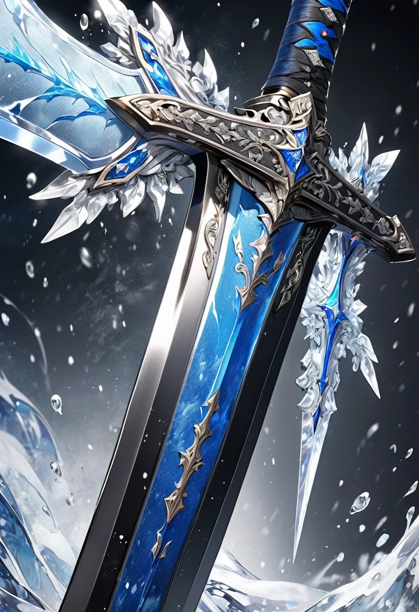 masterpiece, 8k, best quality, highly detailed, two handed greatsword made of dark blue & black steel with ice & frost covering the blade