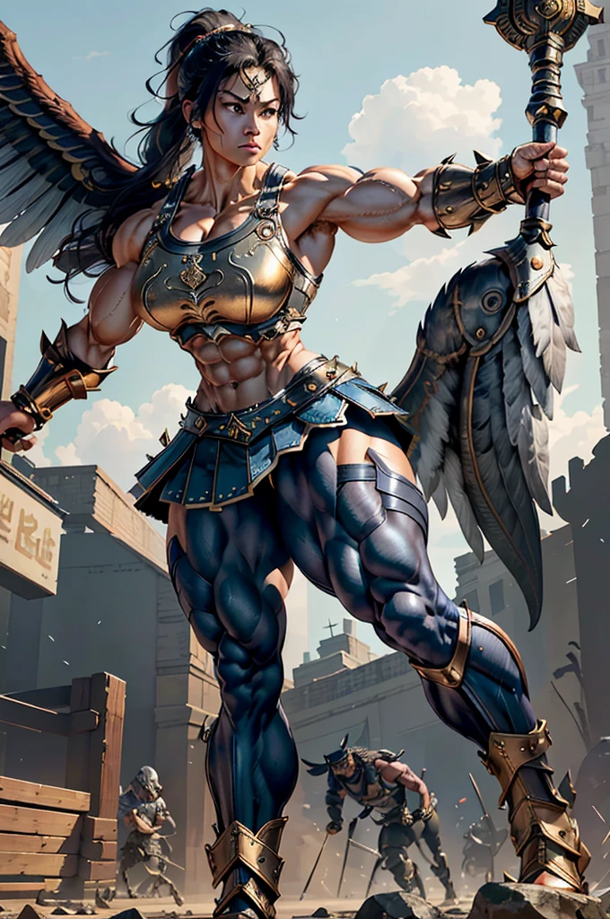 (Best lighting) , (Very intricate details) , 4K Integration, (Super fine CG: 1.2) , (8K: 1.2),(original), (masterpiece) , (Highest quality),(masterpiece:1.4),((Full images))、Photo quality,(masterpiece),masterpiece, Highest quality, Absurd,((Masterpiece, 4K, 8K, High resolution)),(masterpiece), (Highest quality), (Super detailed), (Very delicate and beautiful), ((Full body image 1:1.5)), 1 female, The face of a 40-year-old Western woman、A beautiful, well-balanced face、 ((A woman with a muscular body like a male bodybuilder)),((Huge muscular physique))、((A giant woman, 18 metres tall))、Giants Women、((Beautiful woman)),((Woman warrior)),45 year old mature woman, Wearing Valkyrie Metal Armor、((Metal armor that resembles a thick chest and abdominal muscles))、((Metal armor covering the upper body))、mini skirt、Valkyrie's Helmet、Very strong legs、((Long boots with pin heels))、((kneehigh boots))、Wields a large spear as long as his height、A spear weighing 60 kg、Medieval streetscape,Strength and elegance,Solemn atmosphere,((The Queen's Appearance))、((The Strongest Queen of Mankind))、(Huge muscular physique),((Protruding veins))、((A woman with a toned chest like a male bodybuilder))、Raised trapezius muscle、very thick neck、((Strong arms with bulging biceps))、A muscular chest、Six-pack、((Thick thighs with bulging muscles))、Exposed thighs、((Bicep-like calf muscles))、Overflowing with incredible strength、Muscles bulging out from under the force of force all over the body、Black Hair、ponytail、A commanding presence,Poses that show off their monstrous power,Model standing、Standing with dignity、Vibrant colors,Down to the smallest thread,Impressive level textures,Sharp focus,((A strong Valkyrie captain)),((A powerful Valkyrie captain)),