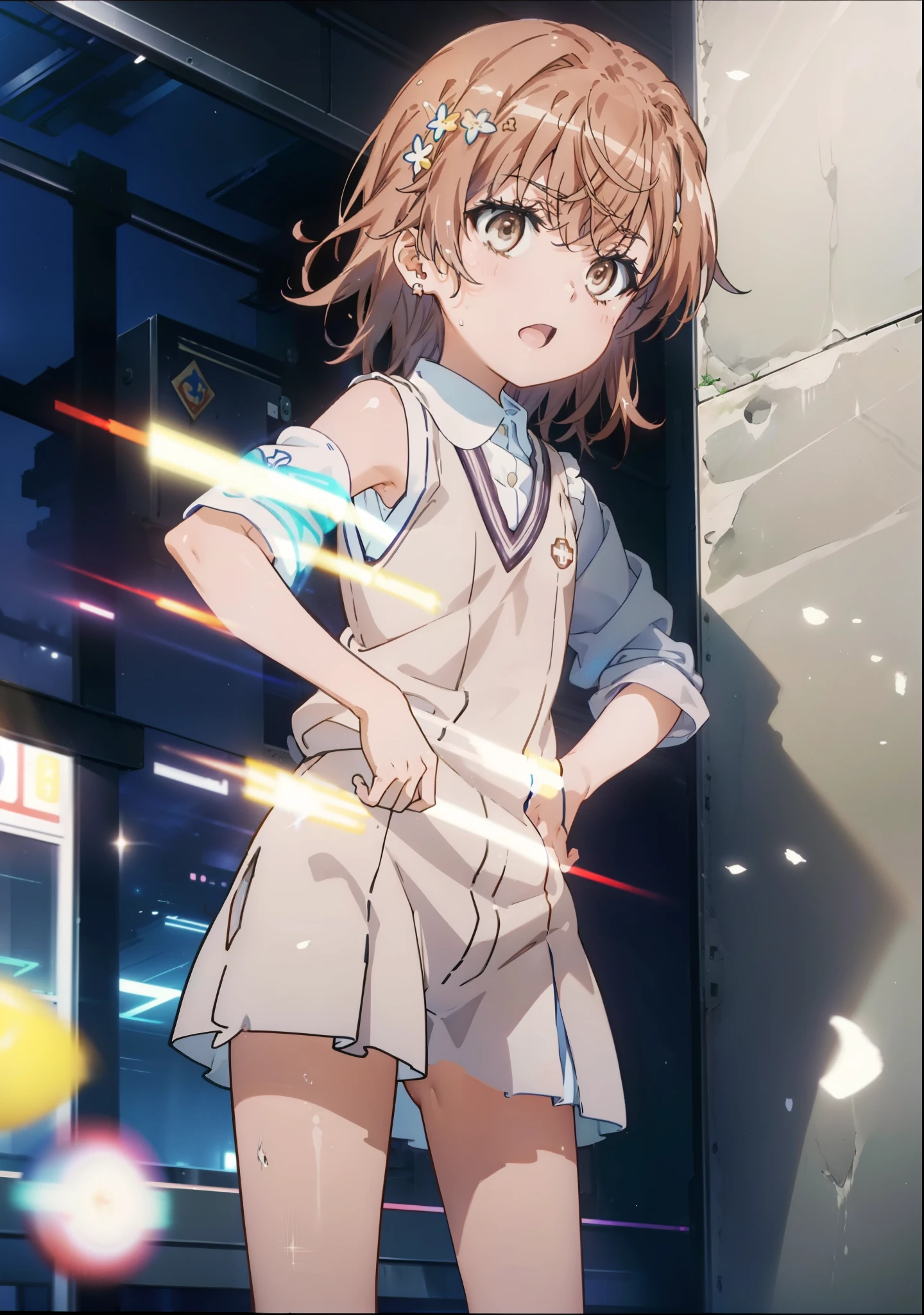 superior_Mikoto, 1 person, solo,
(Awareness-raising:1.1)、(Best image quality)、(masterpiece:1.1)、(Beautiful and vivid background:1.25)、(the Extremely detailed CG Unity 8K Wallpapers:1.1)、(colorful:0.9)、(Depth of written boundary:0.75)、(splashing ink:0.95)、(Splashes of color:0.85)、(Watercolor:0.65)、
(Cowboy Shot:1.4)、(uniform:1.4)、:d、Earrings、見superiorげる_in_Audience、outside of home、sunny day、detailed blue sky、((Grey hort sleeve white shirt)、Light brown sleeveless cardigan、Electric shock,loose socks,Brown loafers,So that the whole body goes into the illustration,