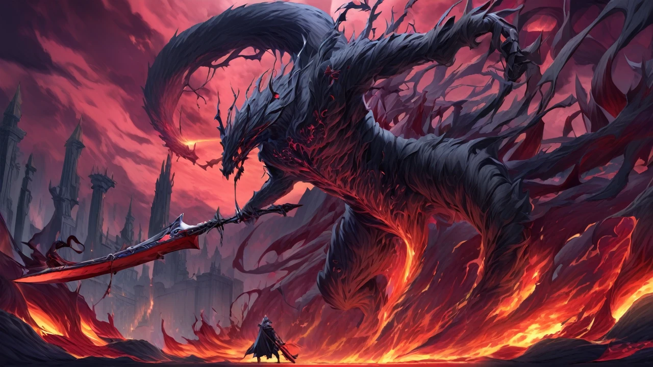 A captivating dark fantasy scene depicts a brave knight wielding a massive, fiery great sword, locked in combat with a sinister, demonic creature. The knight's armor is adorned with intricate designs and glowing embers, while the demon's menacing form is covered in dark, oozing tendrils. The background is a haunting, desolate landscape with twisted, gnarled trees and an eerie, blood-red sky. The atmosphere is tense, with the fate of the world hanging in the balance., dark fantasy