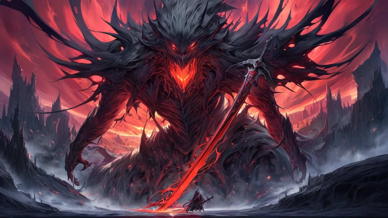 A captivating dark fantasy scene depicts a brave knight wielding a massive, fiery great sword, locked in combat with a sinister, demonic creature. The knight's armor is adorned with intricate designs and glowing embers, while the demon's menacing form is covered in dark, oozing tendrils. The background is a haunting, desolate landscape with twisted, gnarled trees and an eerie, blood-red sky. The atmosphere is tense, with the fate of the world hanging in the balance., dark fantasy