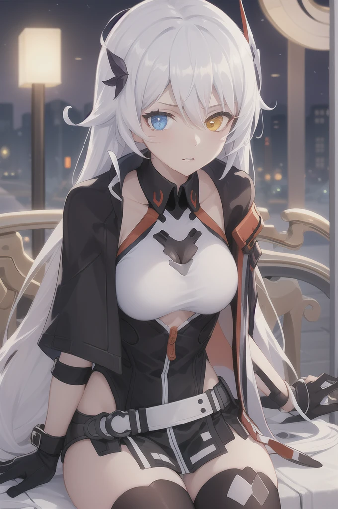 (masterpiece, best quality, high detailed, 8k uhd:1.2), kiana vd, 1girl, solo, slender,(medium breasts), (parted lips, heterochromia:1.2), (long hair, white hair, hair ornament), (dress, thighhighs, cropped jacket:1.4), (armor, bare arms, asymmetrical gloves:1.2), (cowboy shot, looking at viewer, sitting on the streets:1.2), night, outdoors