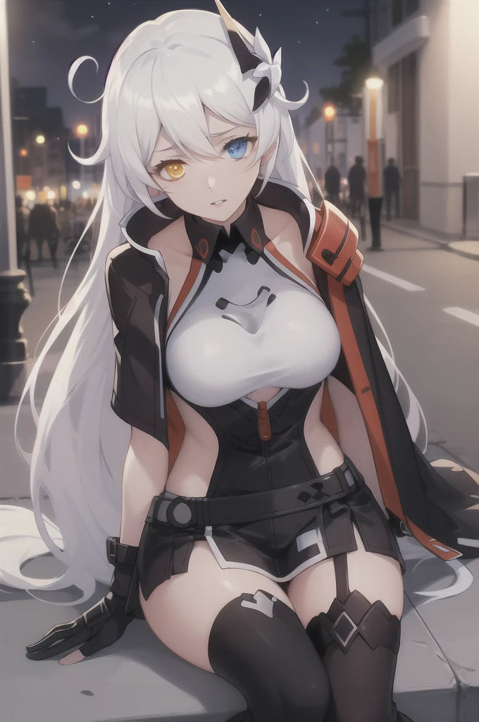 (masterpiece, best quality, high detailed, 8k uhd:1.2), kiana vd, 1girl, solo, slender,(medium breasts), (parted lips, heterochromia:1.2), (long hair, white hair, hair ornament), (dress, thighhighs, cropped jacket:1.4), (armor, bare arms, asymmetrical gloves:1.2), (cowboy shot, looking at viewer, sitting on the streets:1.2), night, outdoors