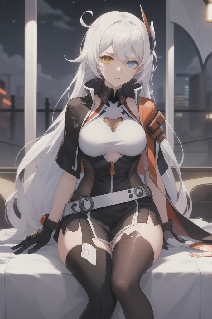 (masterpiece, best quality, high detailed, 8k uhd:1.2), kiana vd, 1girl, solo, slender,(medium breasts), (parted lips, heterochromia:1.2), (long hair, white hair, hair ornament), (dress, thighhighs, cropped jacket:1.4), (armor, bare arms, asymmetrical gloves:1.2), (cowboy shot, looking at viewer, sitting on the streets:1.2), night, outdoors