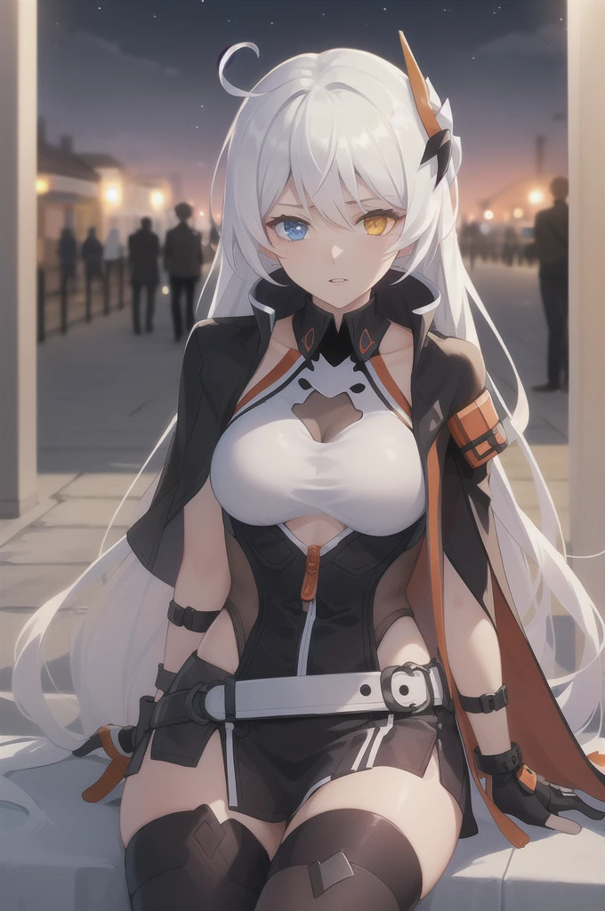 (masterpiece, best quality, high detailed, 8k uhd:1.2), kiana vd, 1girl, solo, slender,(medium breasts), (parted lips, heterochromia:1.2), (long hair, white hair, hair ornament), (dress, thighhighs, cropped jacket:1.4), (armor, bare arms, asymmetrical gloves:1.2), (cowboy shot, looking at viewer, sitting on the streets:1.2), night, outdoors