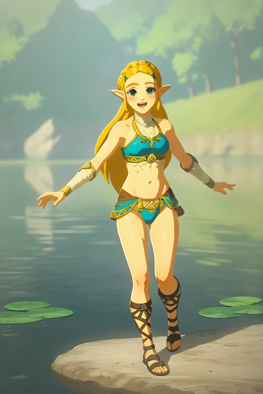 NSFW,score_9, score_8_superior, score_7_superior, score_6_superior, score_5_superior, score_4_superior, Break Source_anime, One girl, alone,
Copy Zelda, Blonde, Aqua Eye, Pointed Ears, View your viewers,
Medium chest,
Long Hair,
Costume_2, White Dress, Strapless Dress, Exposing shoulders, necklace, Gold Chest Belt, Triforce, Gold bracelet, Black sandals, whole body,
nature, lake, smile, Open your mouth, Happy, blush, light, reflection, skirt lift,show off your panties,cute panties