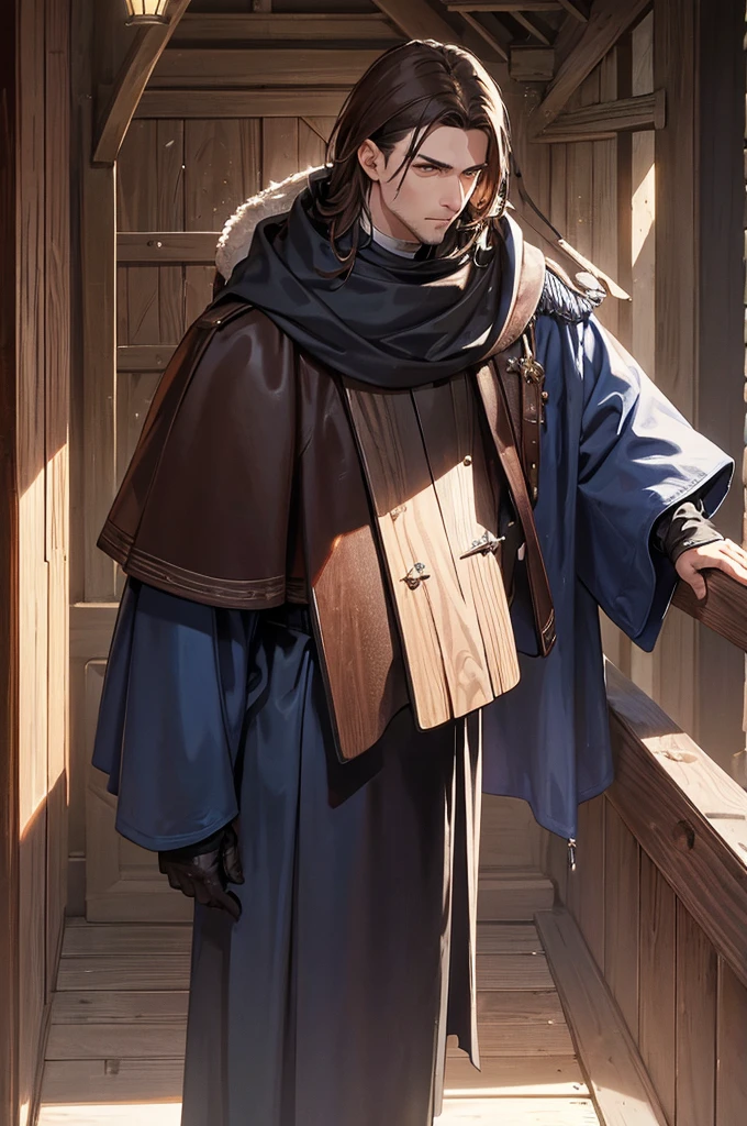Religious adult man with brown hair, in dark blue medieval winter clothes with leather gloves and with a wooden shield on his back