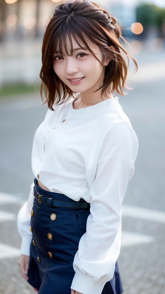 (Skin wounds:1.2), (Skin Dentition), black eye, 1woman, Age 25, (((woman))), alone, Realistic, Highest quality, photoRealistic, masterpiece, 8K, High resolution, alone, Highly detailed face, (Professional Lighting, Bokeh), (Particles of light, Lens flare, Glowing particles:0.6), (Dynamic pose:1.2), Soft lighting, View from above, Fashionable and trendy atmosphere, Japan, street, city, Tokyo, port, ((Daytime)), null, ((Looking at the audience:1)), (Looking into the camera),(Portraiture:0.6), Cowboy Shot, nice, Are standing, Maintain the original face proportions, Broad shoulders, whole body, (Small breasts), (short hair), Brown Hair, Floating Hair, lips, lipstick, seductive smile, Floating Hair, smile, Open_mouth, teeth, (White blouse without sleeves), (Jumper skirt), eyelash, Mole, (Mole under eye:1),