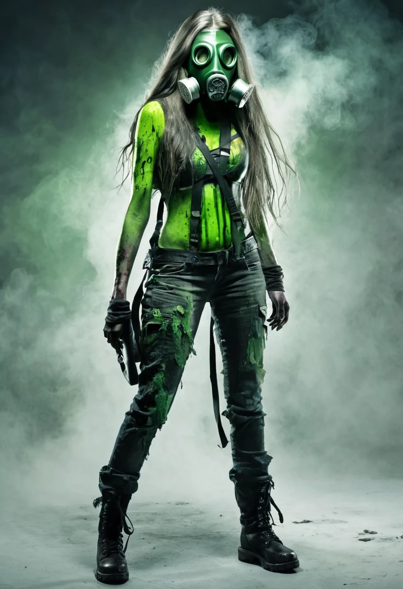 Female zombie, with acid breath, long hair, (toxic gas mask with green acid breath), villain, full body, full body view