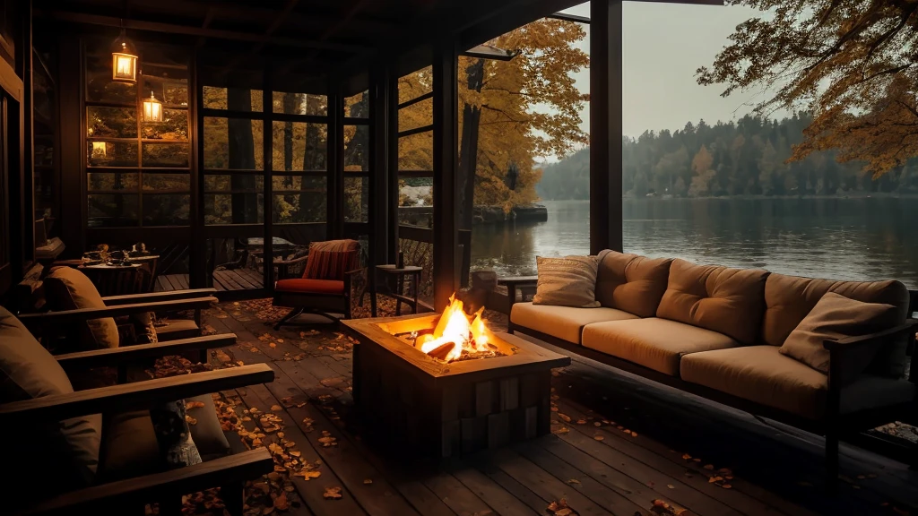 arafed patio with a fire pit and chairs on a deck, cozy place, cozy and peaceful atmosphere, cozy setting, cozy environment, lake house, cozy wallpaper, cozy home background, cozy atmosphere, relaxing environment, cozy atmospheric, all in the amazing outdoors view, outdoor campfire pit, cozy and calm, warm beautiful scene, chill time. good view, serene evening atmosphere