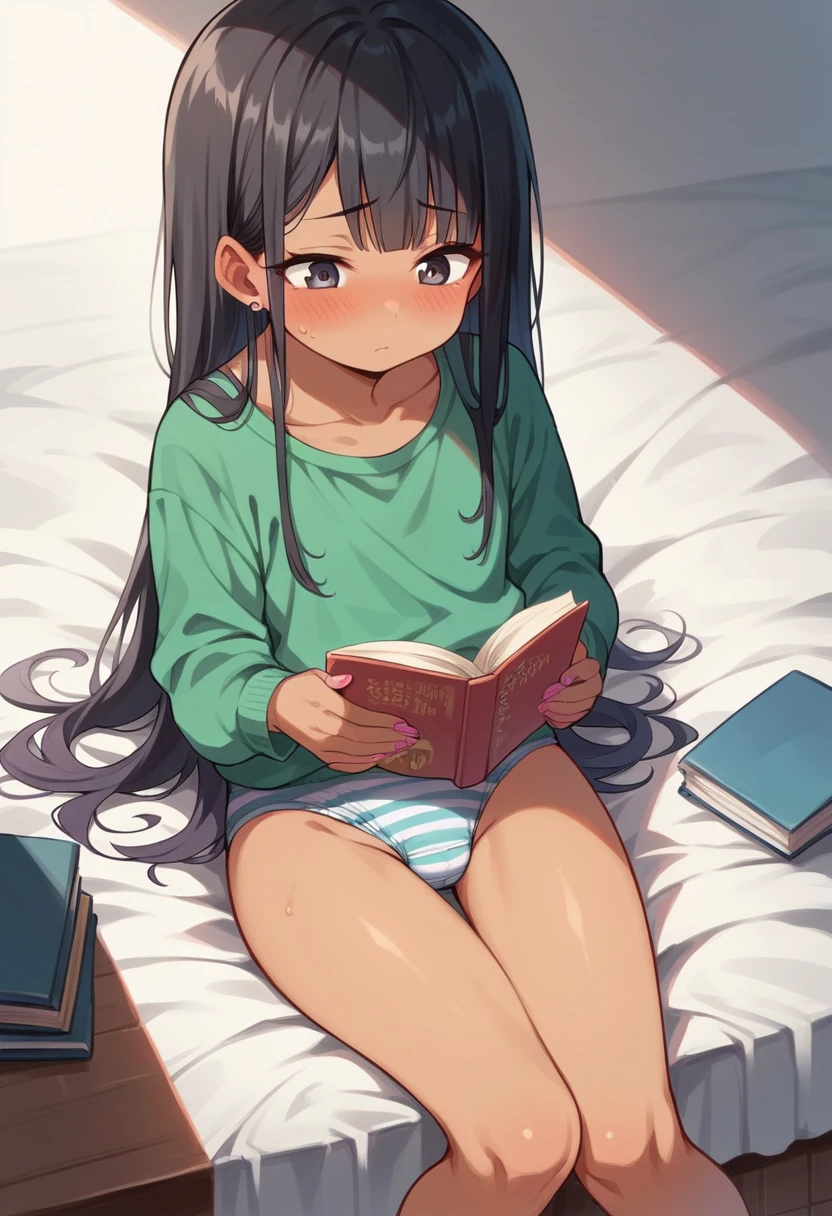 (,young girl ,short stature,gyaru)) ,flat chest,nsfw,,,big head、black hair,long hair,.shy, sexual ecstasy, blush,striped panty.sitting,reading book