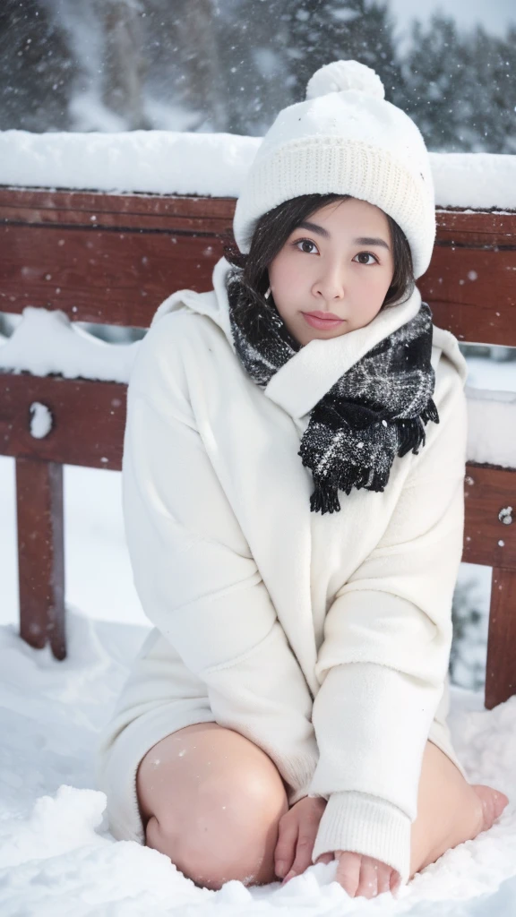 ((masterpiece, highest quality, Highest image quality, High resolution, photorealistic, Raw photo, 8K, female masturbation, hand on vagina, large thighs, lying down in snow, snow around, entire body, feet)) ((squirking)) ((naked, no bra, no panties, barefoot)) ((50 years old)) Mature japanese woman, (Rides aux coins des yeux:1.2) shaved pussy, perfect pussy lips, perfect hands, perfect face, very cute face, chubby face, chubby cheeks, erotic, outside, in the mountains, snow, snowy, snowstorm, snowing, cute wool cap, arms above head, perfect legs, perfect feet, open legs, showing pussy, charming, white stockings, wool scarf, crossed legs, black blanket on shoulders, wide angle