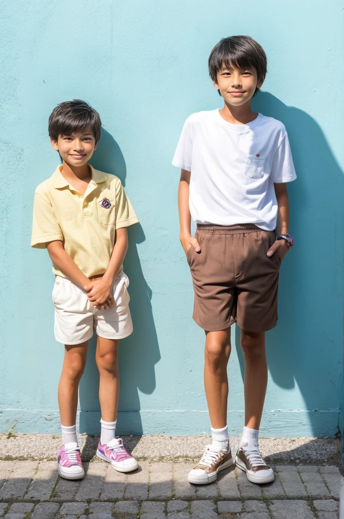 A tanned -yeld Jaese boy posing for a full-body photoshoot in shorts during summer vacation