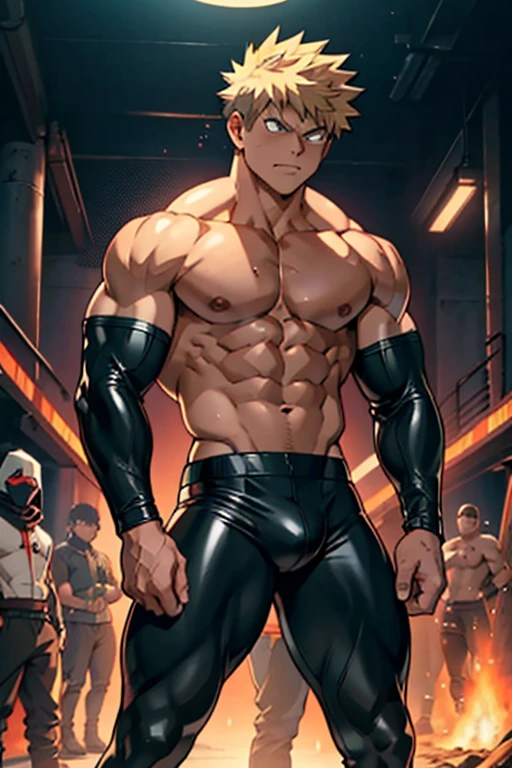 Katsuki Bakugo from My Hero Academia standing next to Izuku Midoriya as hyper muscular brainwashed thralls in identical black shiny rubber full body latex gimp uniforms staring blankly ahead with vapid expressions as they repeat their brainwashing mantras over and over again to affirm that they are nothing more than obedient minions to the villains. Hyper muscles. Hyper crotch bulge. Massive swollen pectorals. Thick glutes. Muscular thighs. Broad shoulders. Big traps. Massive biceps. Massive triceps. "I am a minion. I am a thug. I do not think. I obey masters' commands. My masters are villains. Minions obey villains. Must obey villains. I obey villains. I am a minion. I am a thug...." IQ drain. hypnosis. Hypnotic trance. Hypnotized. Brainwashing. Entranced. Enthralled. Dumber and dumber.