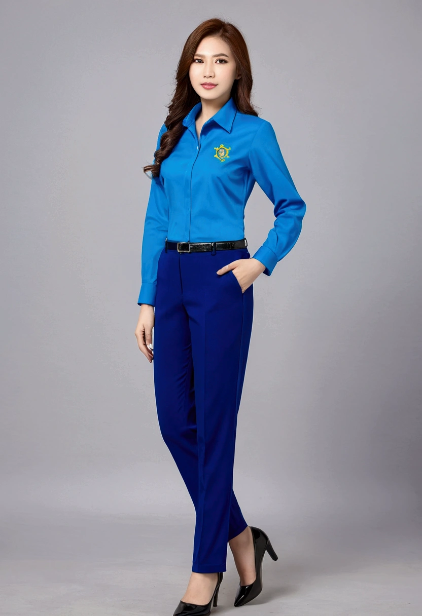 Designing a business suit (shirt and pants) for female employees of Hoa Sen University, blue #034Ea2 with school logo