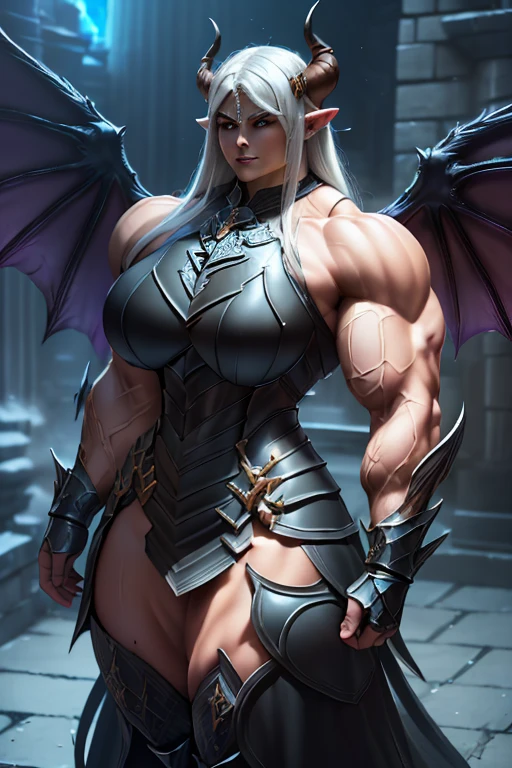 (((Massive beautiful, buff, light brown skinned muscular dark paladin woman with white hair, giant demon wings, black lipstick, ginormous bulky muscles and wearing full black demonic paladin knight armored with a long tiered skirt))), (close view), large breast, massive muscles, massive biceps, hyper muscle shoulders, (giant demon wings), hyper muscle triceps, (long straight hair), blue eyes, (demon Paladin boots), (demon armor), breastplate, (demonic gauntlets), (Shoulder armor), closed smile, (in a hellish castle), (Dark and moody universe:1.3), snowfall, Vascular arms, hyper muscles arms, hyper muscle legs, massive buff arms.