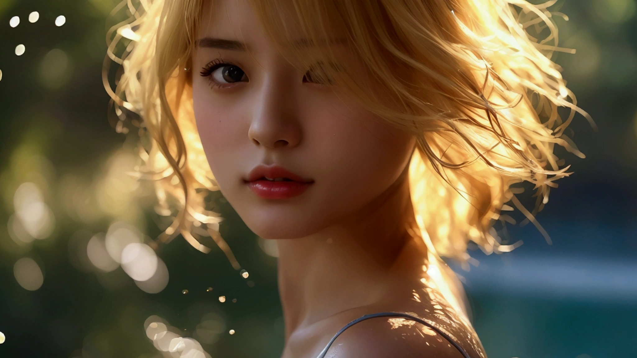 Highest quality, masterpiece, 8K, Ultra HD, Realistic, One beautiful woman, Focus on people, Japanese Beauty, Are standing, Dodge Challenger, カラフルなwater着, Permed shorthair, Blonde Hair, Under the scorching summer sun, Outdoor, water