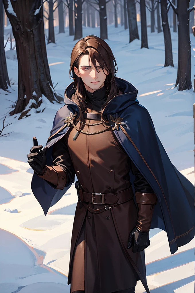 Religious adult man with brown hair, in dark blue medieval winter clothes and with leather gloves