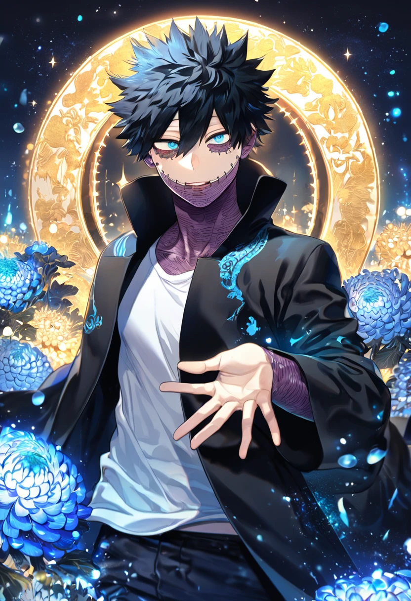 absurdres, highres, ultra detailed, HDR, master piece, best quality, extremely detailed, Dabi, black hair, expressive turquoise eyes, Boku No Hero Academia, solo, sexy man, handsome, black coat, white T-shirt, fantasy, water, sparkling, blue glittering fireflies, blue moon, blue blossoms, blue chrysanthemums, blue sparkling lights, starry sky