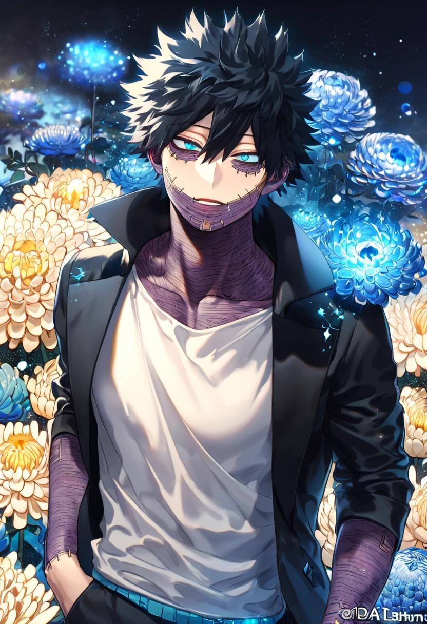 absurdres, highres, ultra detailed, HDR, master piece, best quality, extremely detailed, Dabi, black hair, expressive turquoise eyes, Boku No Hero Academia, solo, sexy man, handsome, black coat, white T-shirt, fantasy, water, sparkling, blue glittering fireflies, blue moon, blue blossoms, blue chrysanthemums, blue sparkling lights, starry sky