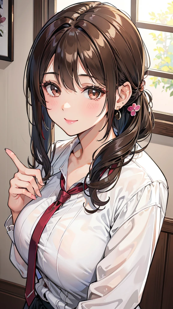 Female 26 years old,housewife,Sunlight,Smile,put on lipstick,light brown short curly hair,Tie a ponytail on the left side,Slightly plump,half moon earrings,Close-up photo of face
