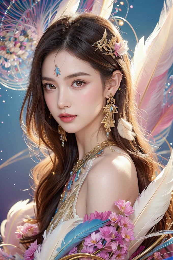 A girl with small breasts, bare shoulders, golden hair, colored feathers, metal ornaments, colored flowers, particles, light rays, (masterpiece, top quality, best quality, official art, beautiful and aesthetic:1.2), (1girl:1.3), extremely detailed,(fractal art:1.1),(colorful:1.1)(flowers:1.3),highest detailed,(zentangle:1.2), (dynamic pose), (abstract background:1.3), (shiny skin), (many colors :1.4), ,(earrings:1.4), (feathers:1.4)