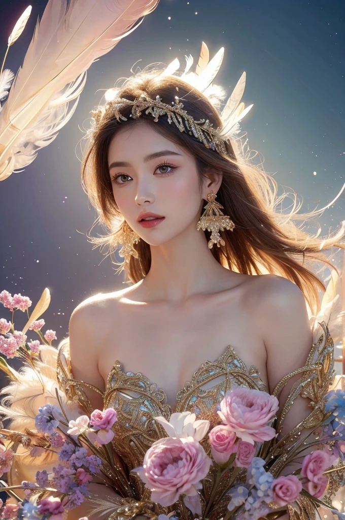 A girl with small breasts, bare shoulders, golden hair, colored feathers, metal ornaments, colored flowers, particles, light rays, (masterpiece, top quality, best quality, official art, beautiful and aesthetic:1.2), (1girl:1.3), extremely detailed,(fractal art:1.1),(colorful:1.1)(flowers:1.3),highest detailed,(zentangle:1.2), (dynamic pose), (abstract background:1.3), (shiny skin), (many colors :1.4), ,(earrings:1.4), (feathers:1.4)