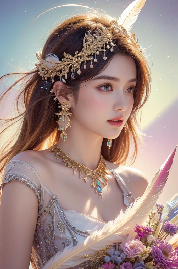 A girl with small breasts, bare shoulders, golden hair, colored feathers, metal ornaments, colored flowers, particles, light rays, (masterpiece, top quality, best quality, official art, beautiful and aesthetic:1.2), (1girl:1.3), extremely detailed,(fractal art:1.1),(colorful:1.1)(flowers:1.3),highest detailed,(zentangle:1.2), (dynamic pose), (abstract background:1.3), (shiny skin), (many colors :1.4), ,(earrings:1.4), (feathers:1.4)