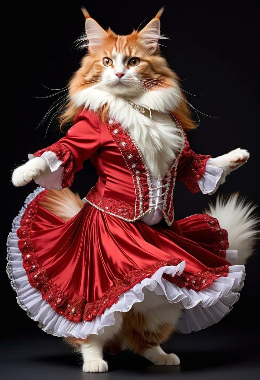 Realistic portrait of a dressed animal - plump long-haired red and white Maine Coon cat, Dancer,(Dynamic action poses in flamenco dance), high quality,(Lovely) ,Intricate details, Very detailed ((Flamenco dance costumes)) ,Very detailed decorations,, (Happy), Studio Lighting,(Full body image:1.5)
