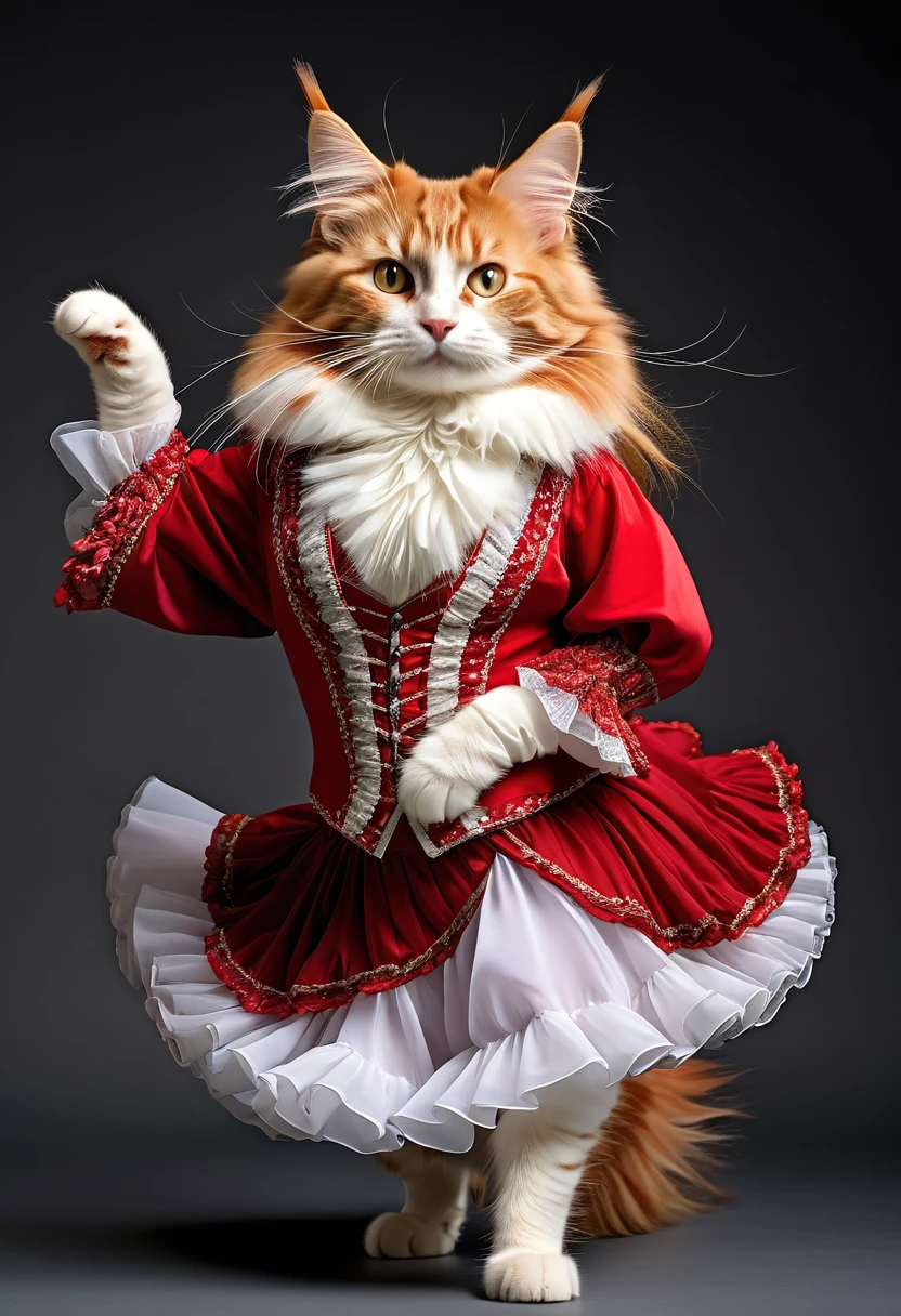 Realistic portrait of a dressed animal - plump long-haired red and white Maine Coon cat, Dancer,(Dynamic action poses in flamenco dance), high quality,(Lovely) ,Intricate details, Very detailed ((Flamenco dance costumes)) ,Very detailed decorations,, (Happy), Studio Lighting,(Full body image:1.5)