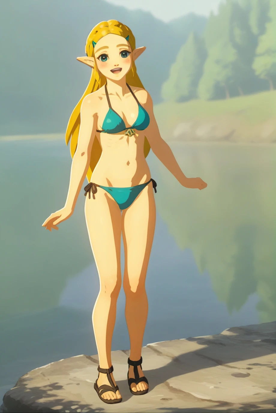 score_9, score_8_up, score_7_up, score_6_up, score_5_up, score_4_up, BREAK source_anime, 1girl, solo, ChopioZelda, blonde hair, aqua eyes, pointy ears, looking at viewer, medium breasts, long hair, pale bikini, black sandals, full body, nature, lake, smile, open mouth, happy, blush,