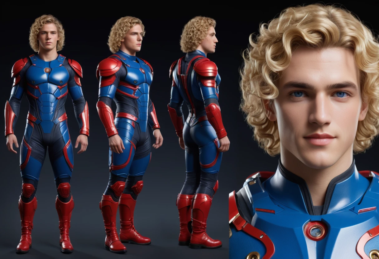 front view, side view, back biew, a dynamic photorealistic full-body ((character sheet)) of a 22years old RYAN DALISH, of north-american origin, fit appearance, well built, blonde curly hairs, chiseled chin, greek demi-god appearance, face like the roman and greek statues, in a red and blue futuristic spacesuit with boots, perfect anatomies, detailed faces, detailed skins, detailed eyes and mouths, well aligned teeth, high quality, 4k resolution, photographic, hyperrealistic, 