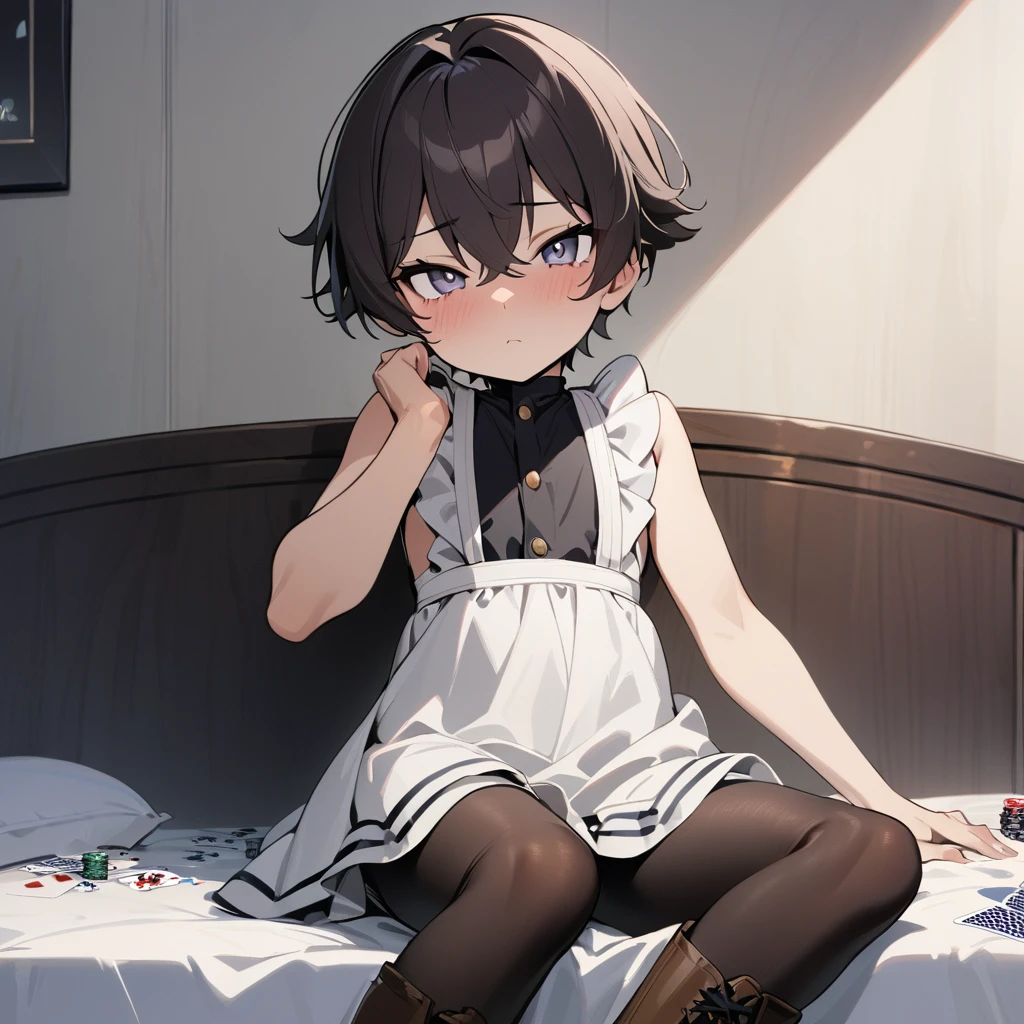 1boy, dark hair, short hair, shota, poker face, pantyhose, dress, boots, looking at viewer, sitting, bed, masterpiece, best quality, highres, nice hands, perfect hands,