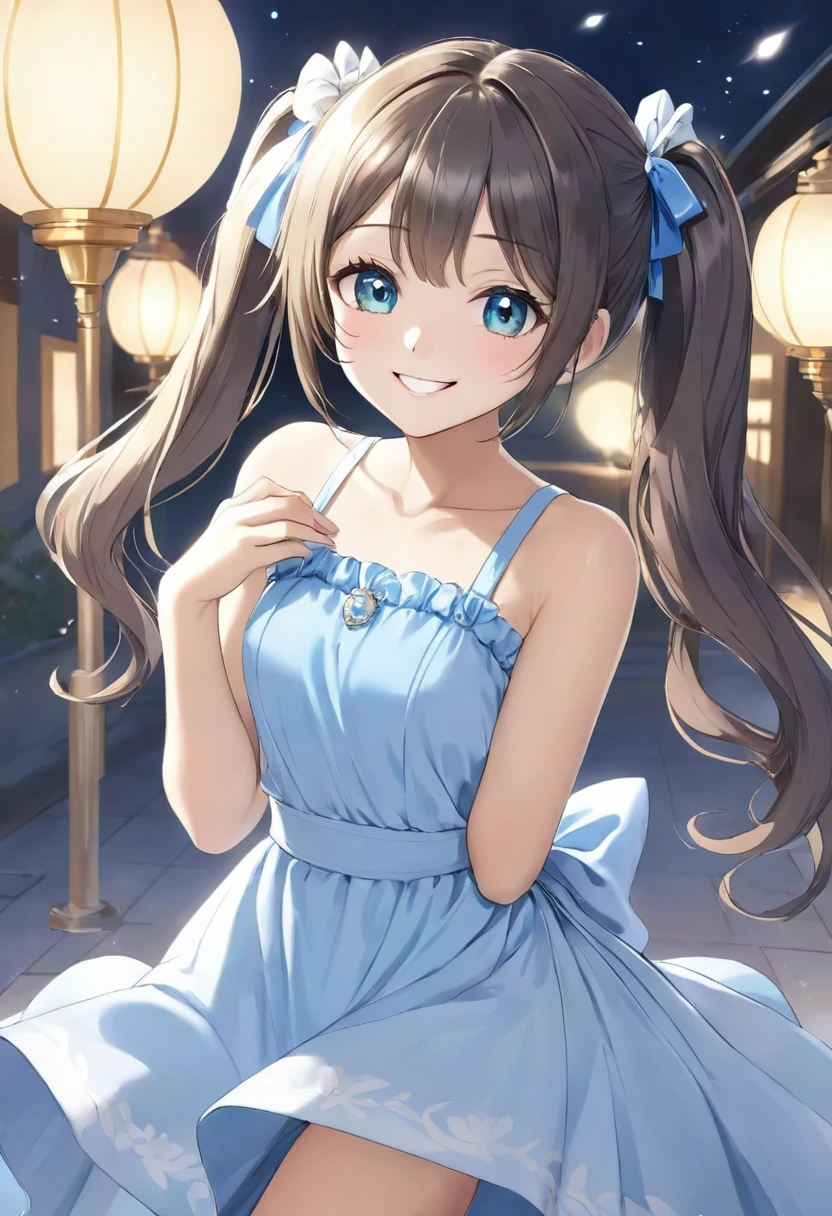 A shining ring placed in the center、Beautiful girl looking at the ring、Great smile、Bright smile、White half dress、Light blue long dress、Beautiful girl with twin tails