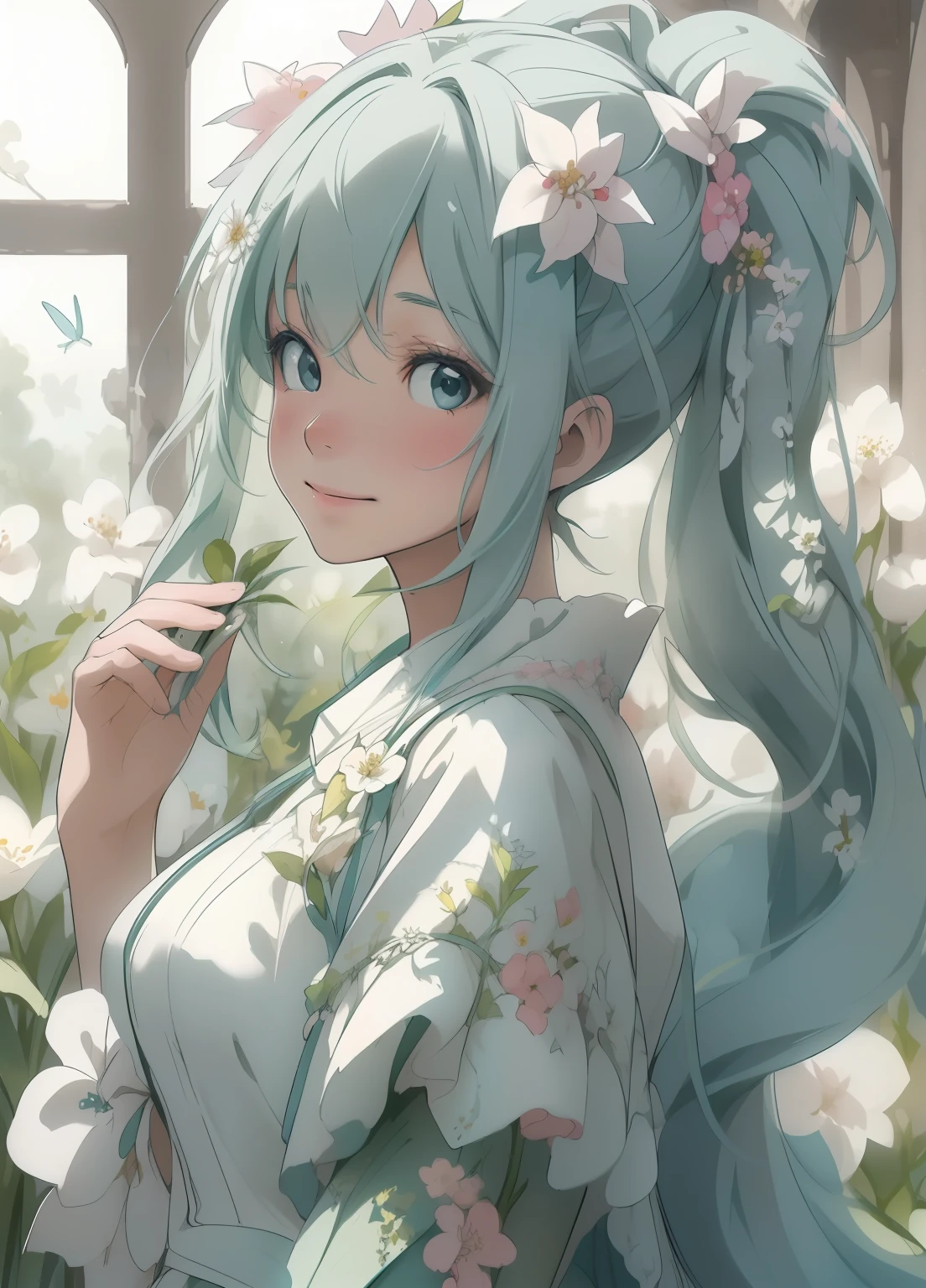 (masterpiece、Highest quality、Highest quality、Official Art、Beautiful and beautiful:1.2)、(One girl:1.3)Hatsune Miku、Twin tails,Beautiful breasts,(masterpiece、Highest quality、Highest quality、Beautiful and beautiful:1.2)、Excellent ???????、(Watercolor 1.5)、Composition looking up from a low position、Long Shot、Drawing of a girl with straight short hair、Beautiful smile、Butterfly fairy costume、Pure white、Pure、charm、Looking into the camera、Flowers and leaves green wind、Botanical Art