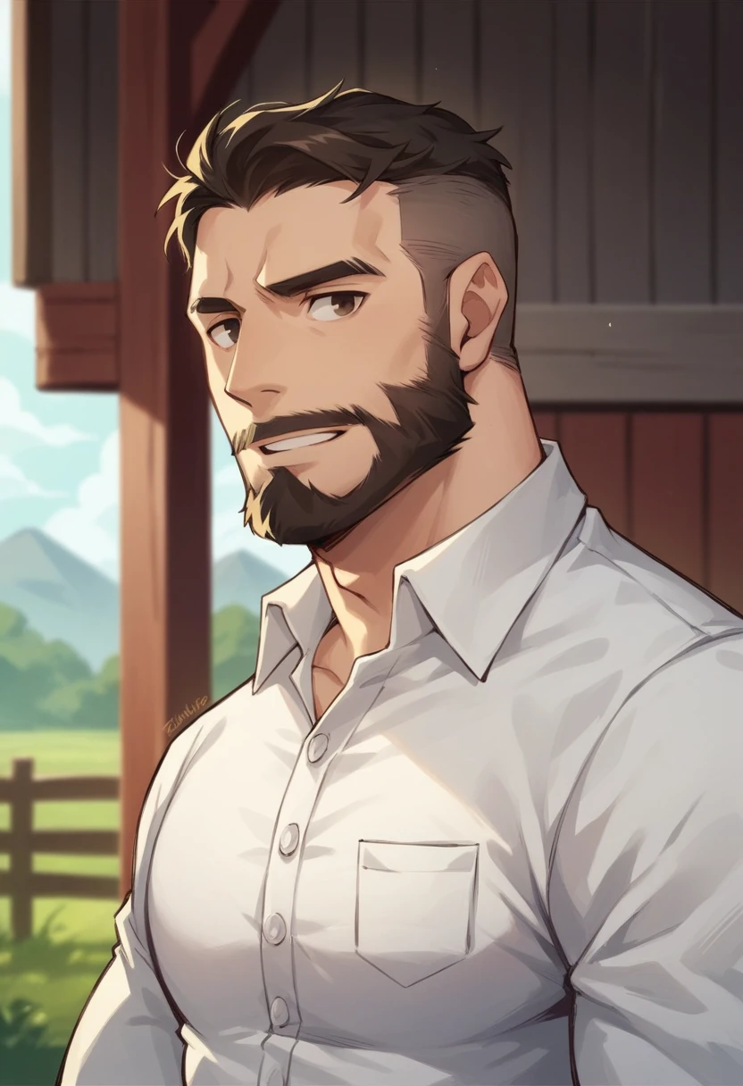 Human Male Adult ,Beard , hair Style , eyes half close, Farm Clothing  , white shirt,