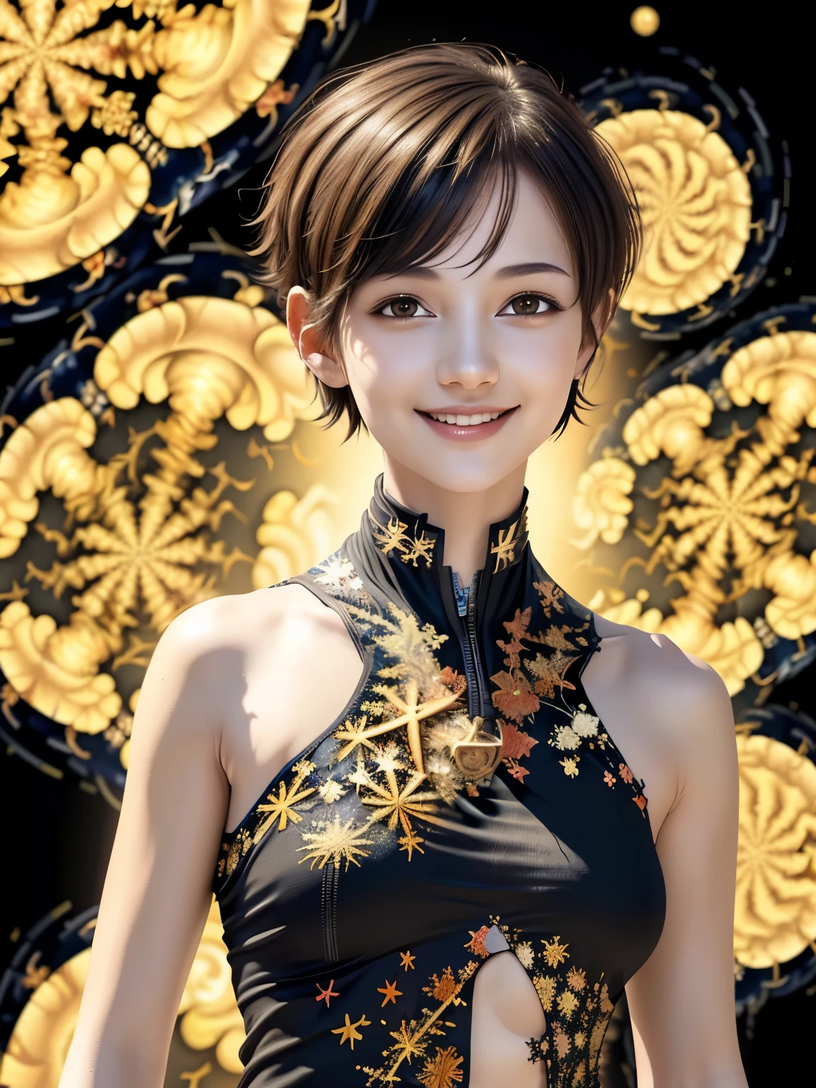 256 19-year-old female, (short hair),(Abstract background,Fractal Art:1.46), smile