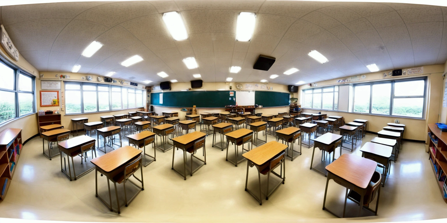 (In the Dark:1.6), Equirectangular 360-degree panorama view photo with left and right ends seamlessly connected. midnight, classroom