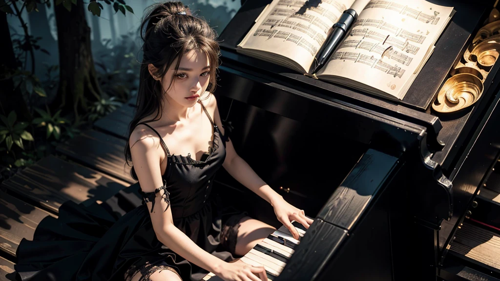 High resolution, (masterpiece:1.4), Very detailed, One girl, View from above, space, floating, (((Playing the piano)))、(((Black torn dress)))、Serious expression、in the forest、In the fog、Black Hair