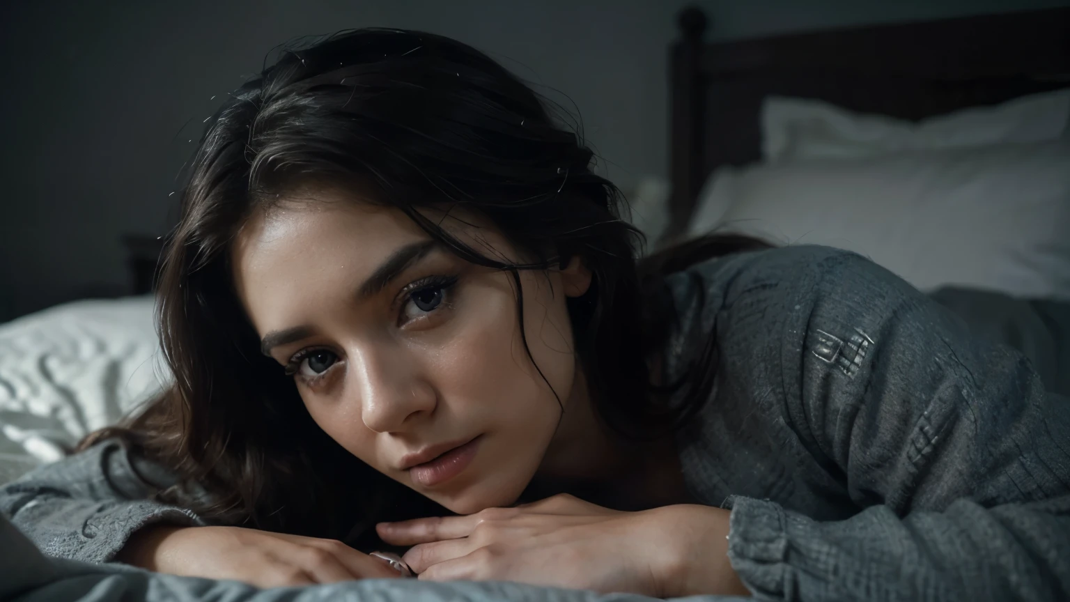 A sad woman lying curled up in bed, melancholy expression, beautiful detailed eyes, beautiful detailed lips, long eyelashes, disheveled hair, soft bedding, dim lighting, shadows, moody atmosphere, blue and gray color tones, cinematic, dramatic, emotional, (best quality,4k,8k,highres,masterpiece:1.2),ultra-detailed,(realistic,photorealistic,photo-realistic:1.37),HDR,portrait
