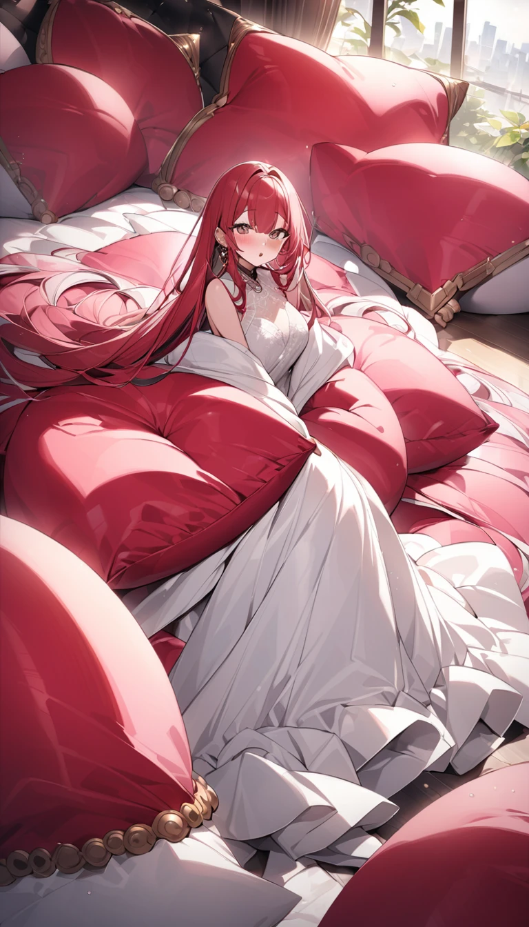 Kizi,Long pure white hair,red color eyes,Naked all over the body,Lie down in bed,Excellent figure,Full breasts